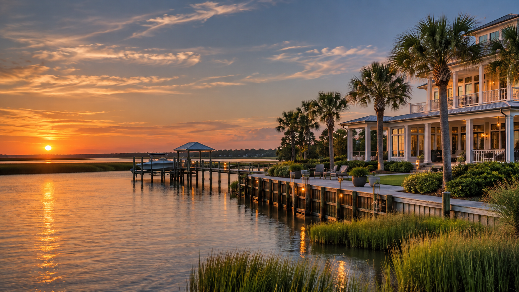 Luxury Charleston waterfront home at sunset