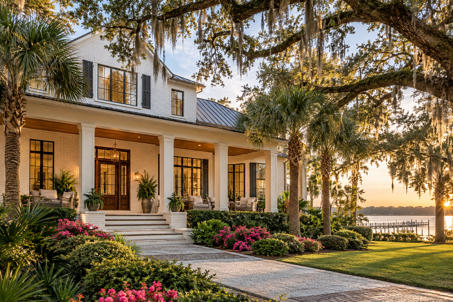 Luxury Charleston style home at golden hour